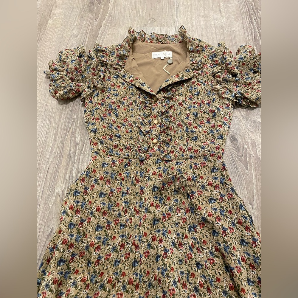 NEW MIKAEL AGHAL Floral Red Blue Ruffle Knee Length Flare Dress- 4 - Picture 2 of 15